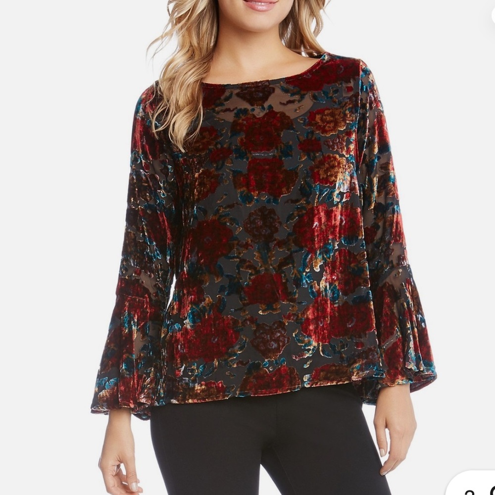Karen Kane Velvet Burnout Bell Sleeve Whimsy Goth Red/Black/Blue Top, Small